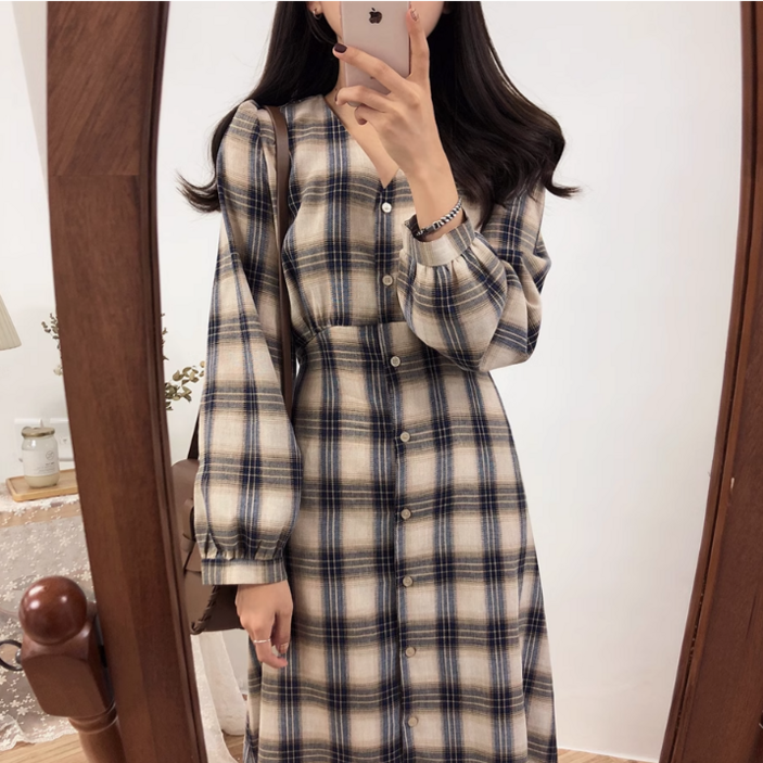 여성 데일리 체크 패턴 가을 단추 원피스 OPC006N