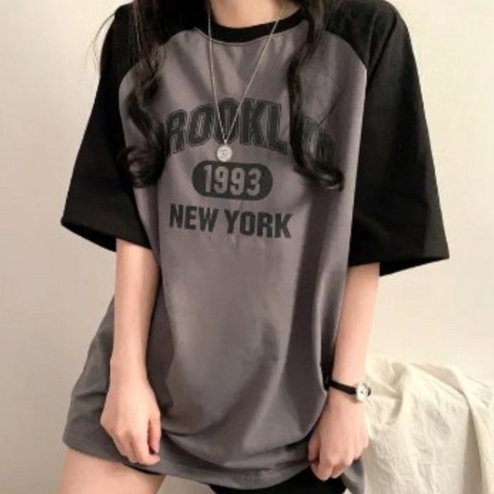나인테일 여름 여성 캐주얼 브룩클린 나그랑 배색 박시한 오버핏 라운드넥 반팔티 4컬러