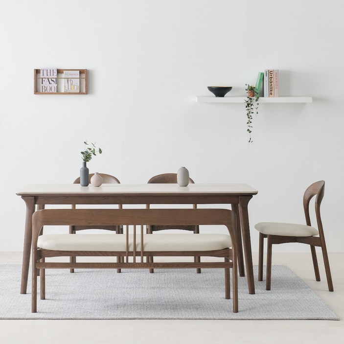 모나코 애쉬 원목 포세린 세라믹식탁 세트 6인용 1800 의자3 벤치