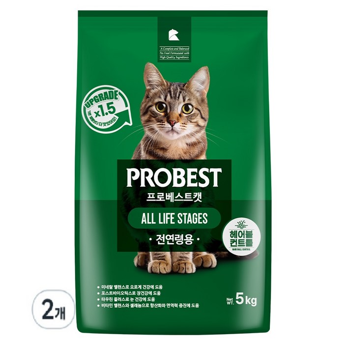 프로베스트 고양이 그린 전연령 기능성 사료, 헤어볼장건강, 5kg, 2개