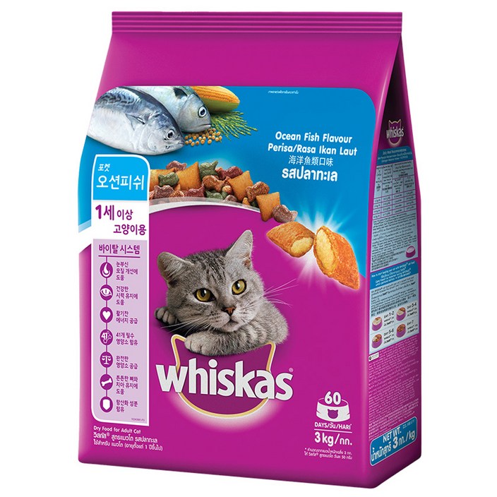 위스카스 고양이 포켓 오션피쉬 건식사료, 눈물개선/눈건강, 3kg, 1개