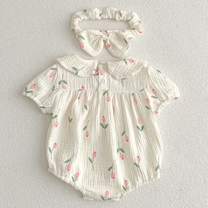 스타도어 유아용 튤립패턴 반팔 바디수트 헤어밴드 세트