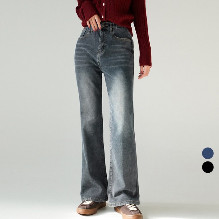 코튼클로젯 여성용 롱/숏 기장 융털기모 빈티지 워싱 세미부츠컷 청바지