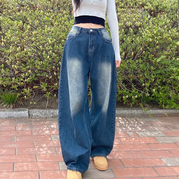 앞핀턱 2단기장 빈티지워싱 세미 배기 와이드 데님 루즈핏 청바지