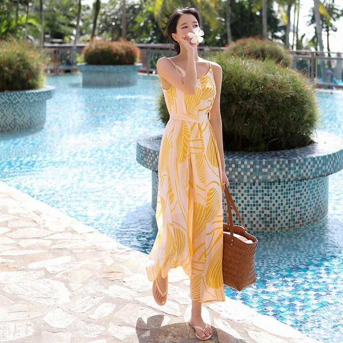 비치팜마들렌 옐로우 비치 원피스 트로피칼 리조트 린넨 드레스
