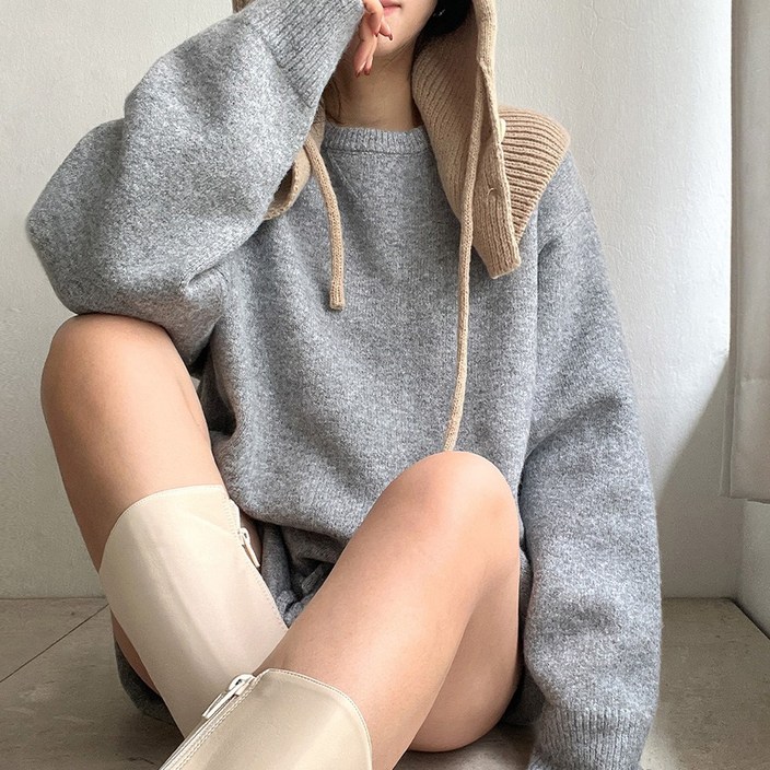 네모엔룩 울오버하프 여성용 울혼방 오버핏 라운드넥 밴딩팬츠 상.하의 세트 니트 투피스,상의1,하의1,총2장