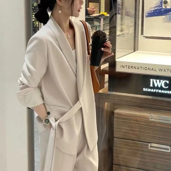 FANSYLI 여성 빅사이즈 정장 세트 7XL 하객룩 심플 블레이저 재킷하이웨이스트 와이드 팬츠 투피스 봄가을 데일리 캐주얼 통근 세트 XR2512D15