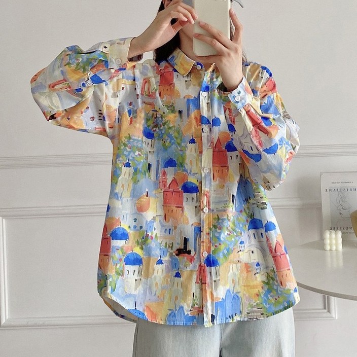 퀸앤조이 산토리니 프린팅 루즈핏 셔츠