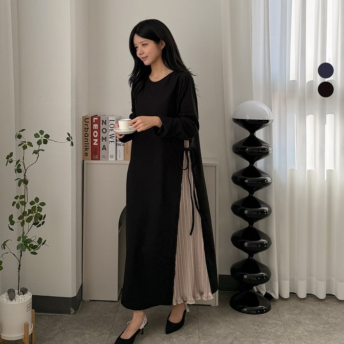 디테일웨어 여성 하이 플리츠 주름 롱원피스 스트랩 빅사이즈 임부복 간절기 링클프리 만삭 단정한 원피스 하객룩