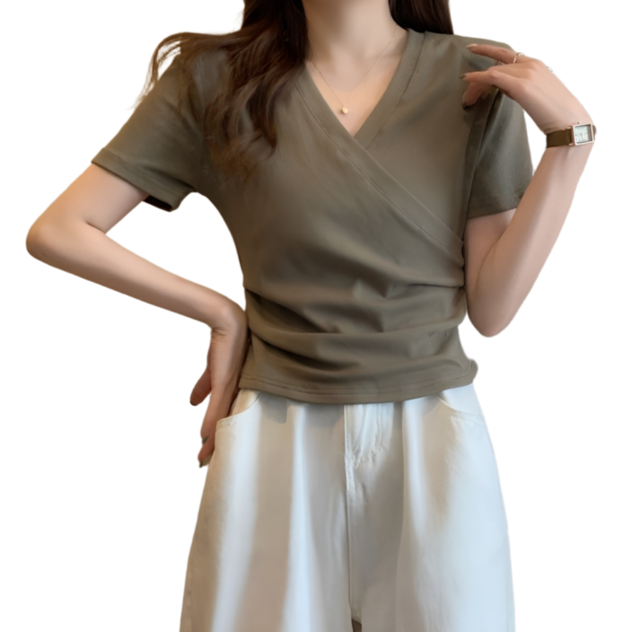 즈니마켓 여름 여성 무지 데일리 브이넥 셔링 반팔티