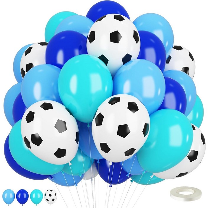 CEUQIESO 51 조각 축구 공 풍선, 12 인치 축구 풍선 로얄 블루 청록색 하늘색 축구 생일 소년 축구 생일 파티 축구 파티 장식을위한 라텍스 풍선