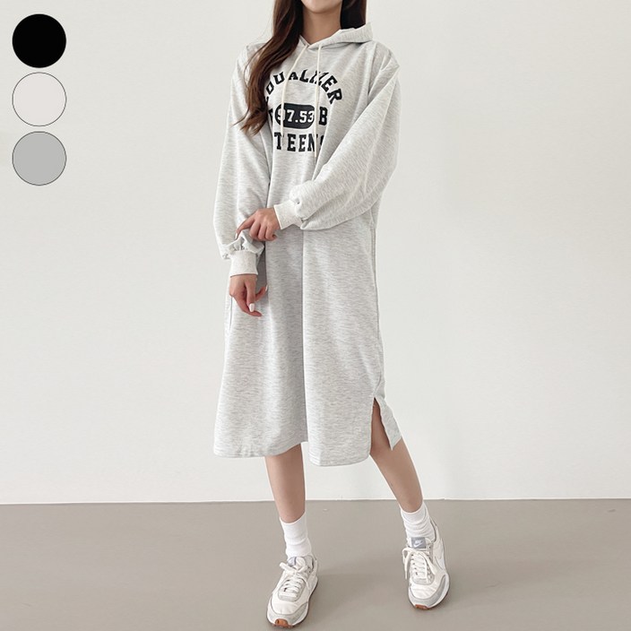 가비진 여성용 데일리 레터링 옆트임 포인트 롱 후드 원피스 가비진 여성용 데일리 레터링 옆트임 포인트 롱 후드 원피스
