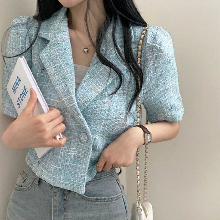 발리걸 썸머 트위드 카라 퍼프 크롭 싱글 버튼 반팔 자켓