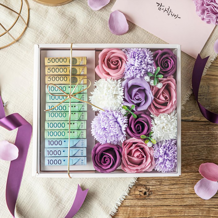 뷰티풀데코센스 조화 비누꽃 용돈박스  감사편지봉투  머니캡 12p  보자기  고급태슬  쇼핑백 세트, 퍼플, 1개