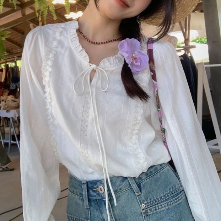 COSYEVNO 여성 봄 가을 블라우스 긴팔 셔츠 프릴 넥라인 루즈핏 BCXcs3