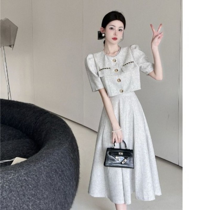 여성 반팔 트위드 세트 여름  패션 기질 숏 상의  캐주얼 스커트 루즈핏 소향풍 투피스 하객룩 여성복 LJX