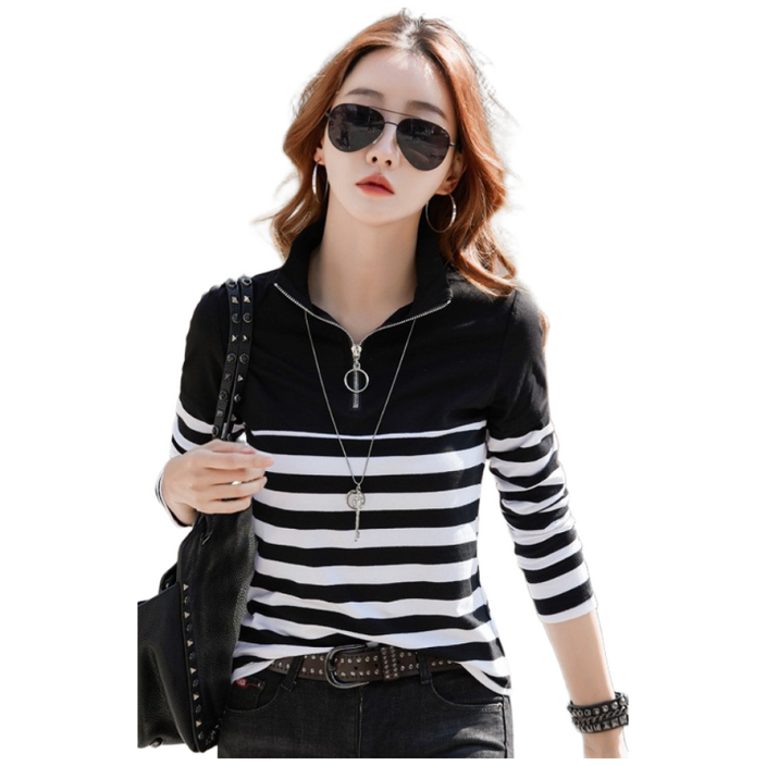 봄가을용 여성 긴팔 티셔츠 스트라이프 패턴 스타일리시 디자인 루즈핏 대형 사이즈 편안 착용 가능 클래식 레이어링 베이직 아이템