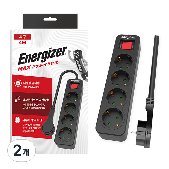 에너자이저 멀티탭 과부하차단 3680W고용량, 2개, 블랙 4구, 4m