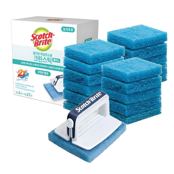 스카치브라이트 올인원 욕실청소용 크린스틱 스타터팩 플러스 핸들  리필 17개, 혼합색상, 1세트
