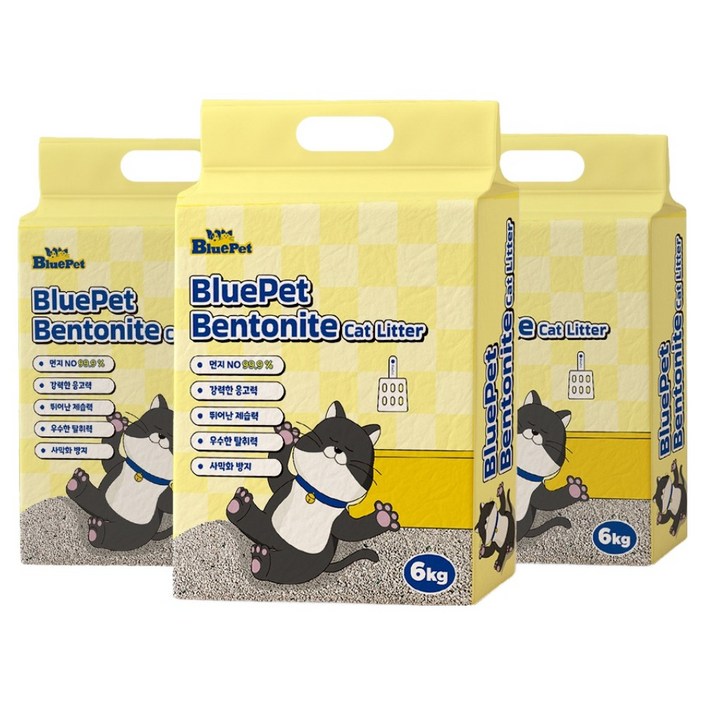 블루펫 먼지없는 벤토나이트 고양이 모래, 6kg, 3개, 무향