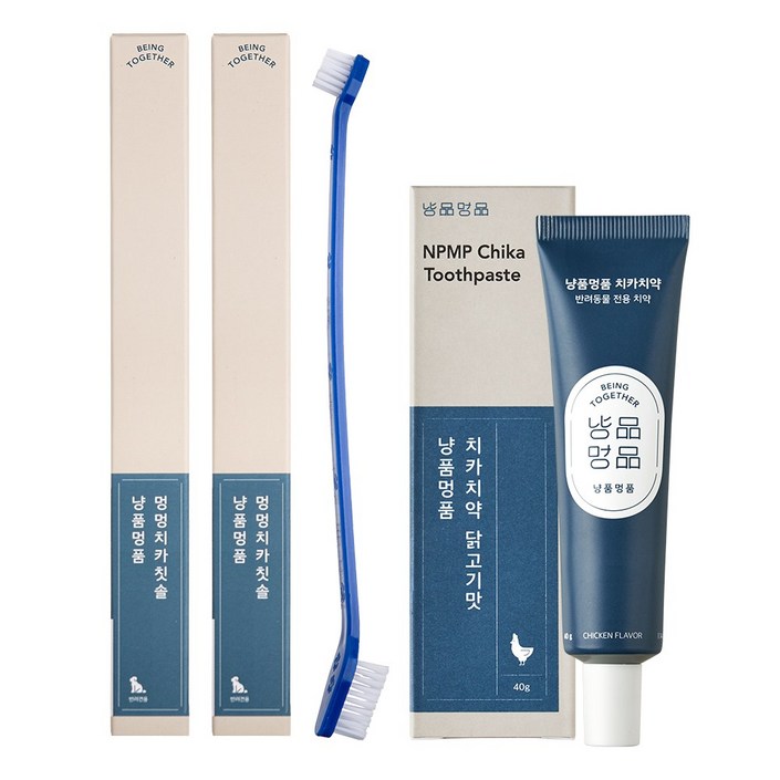 냥품멍품 강아지 멍멍 치카칫솔 2개 치카치약 닭고기맛, 40g, 1세트