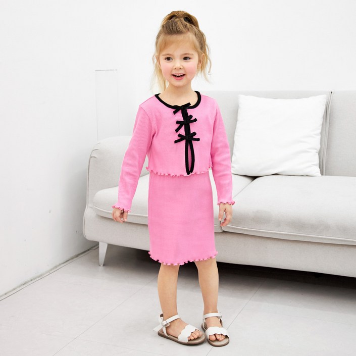 월튼키즈 여아용 리본 골지 가디건 + 원피스 세트