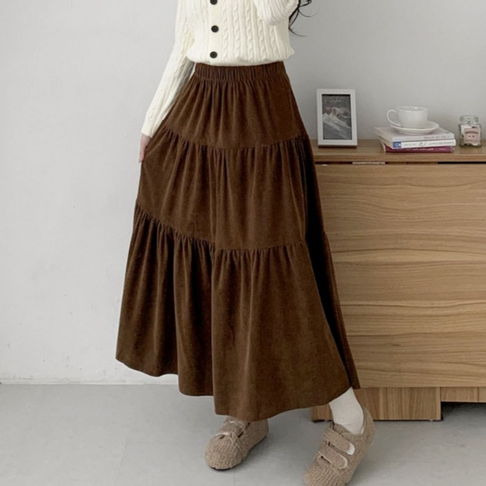 라라온 코듀로이 밴딩 티어드 캉캉 롱 스커트 25TSP3184