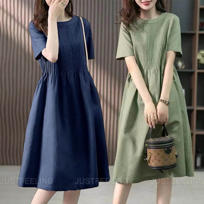 JUSTFEELING  여성 원피스  여성원피스빅사이즈 M3XL  면 마 반팔원피스 미디 치마 린네 여성원피스여름용  D10U