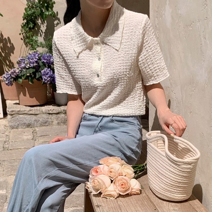 모어렌 네빌 링클 피케이 반팔 블라우스