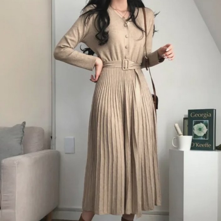 도시도시 여성용 가을 니트 롱 원피스 벨트 세트 브이넥 플리츠 하객룩