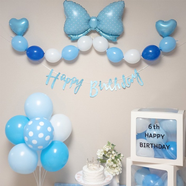 연지마켓 생일풍선 생일파티용품 리본풍선 세트, 블루 벌룬박스 세트