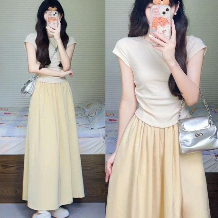 Asure 여름 여성 패션 반팔티셔츠롱 스커트 캐주얼 투피스