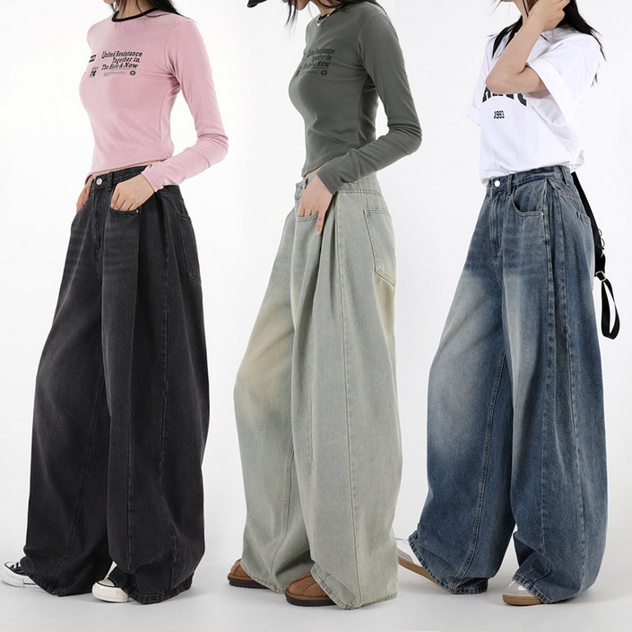 오버나인 여자 여성 와이드핏 벌룬 데님 워싱 핀턱 팬츠 청바지