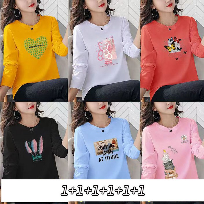 YLEMI 111111 여성 티셔츠 긴팔 면 데일리 라운드 이너티 레이어드티 빅사이즈 6종 세트