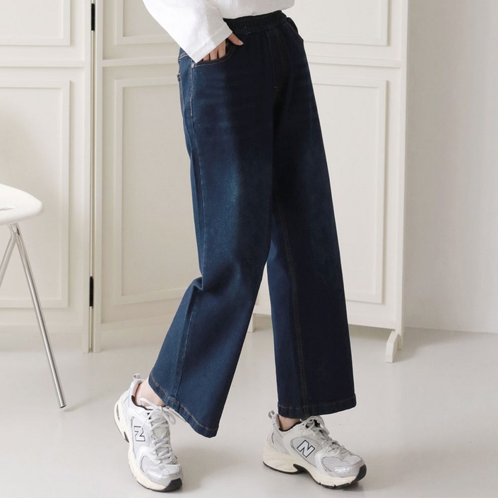 여성용 스판 밴딩 와이드 데님팬츠 중청