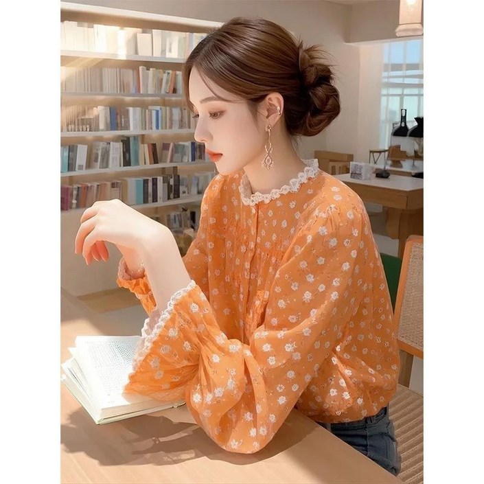 COSYEVNO  여성 남방 가을 플라워 프린트 레이스 빈티지 빅사이즈 심플 루즈핏 캐주얼 패션 긴팔 쇼트 상의 CXJcs12