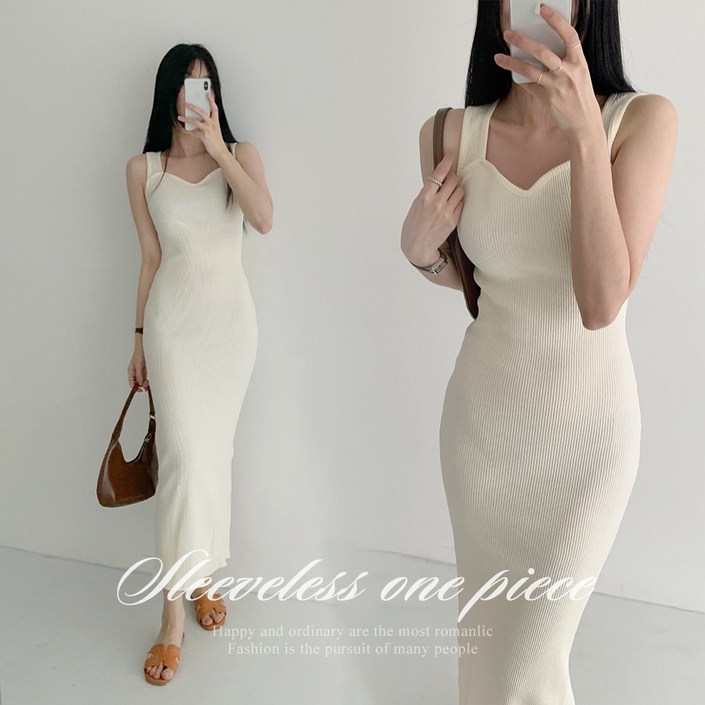 순이 S.여성 슬림라인 하트넥 골지 나시 롱원피스