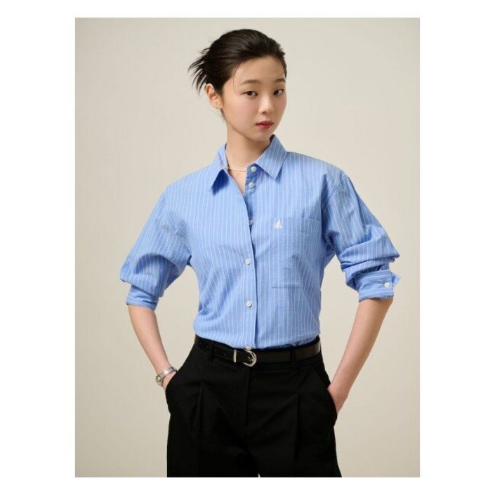 정품 빈폴레이디스 조직감 스트라이프 세미 오버핏 셔츠 스카이블루 BF5264C04Q 가을 긴팔 캐주얼