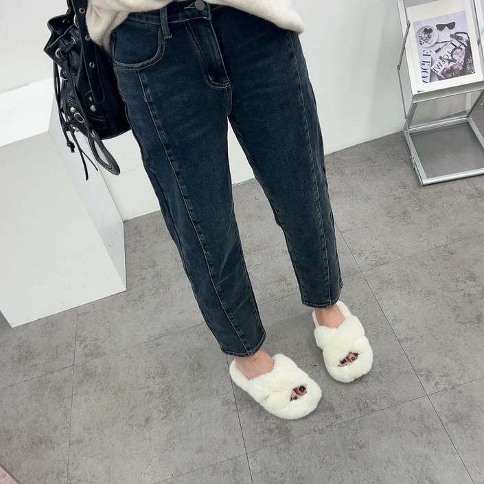 에브리룩 기모 블랙 워싱 절개 라인 스판 굿 뒷밴딩 데님 청바지M2XL