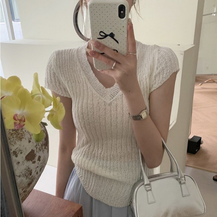 로랑시원한 부클소재 캡소매 니트 2개구성 W694