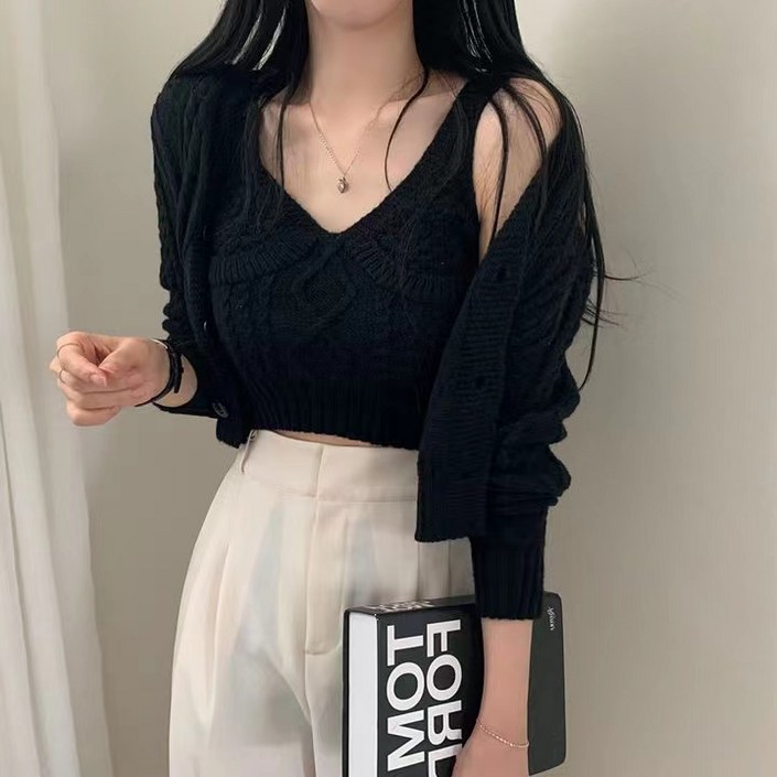 Asure 봄가을 셋업 꽈배기 니트 크롭 가디건 투피스 세트