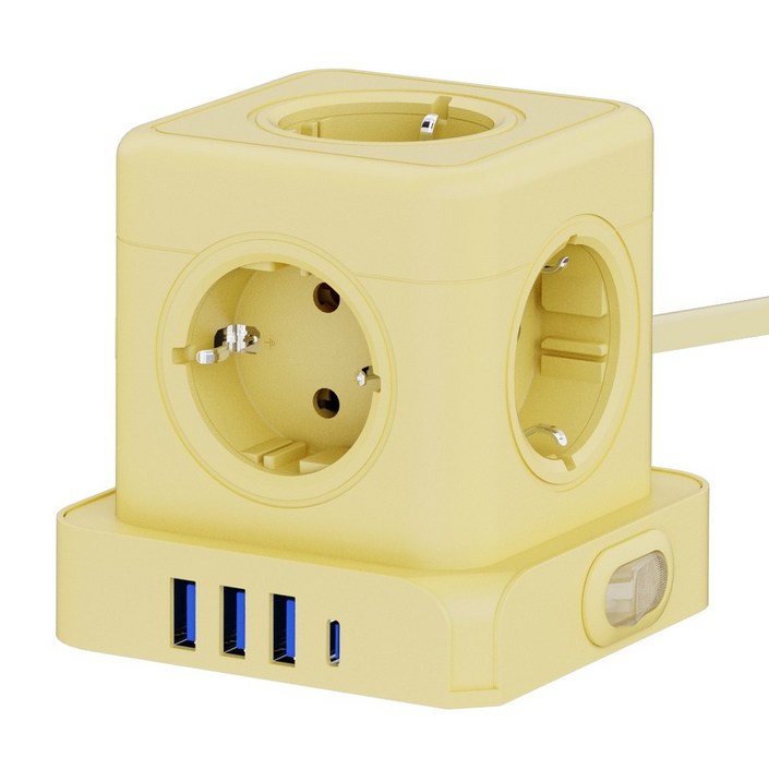 티메코 20W 고속충전 5구 멀티탭 TMC10 SF코팅 큐브 디자인 C타입 USB 1.8M 전선형, 1개, 옐로우, 1.8m