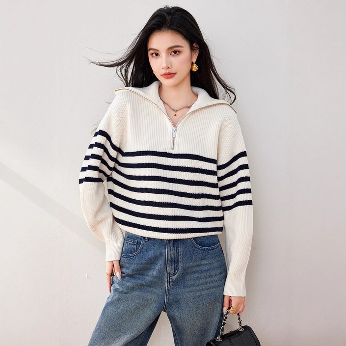 BLACK K7 프렌치 레트로 카라 여성용 배색 풀오버 반집업 스트라이프 니트