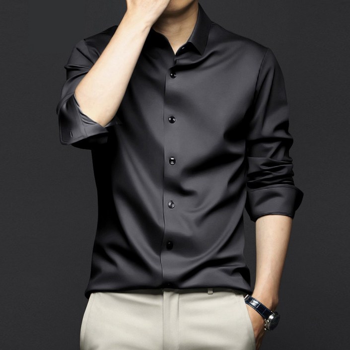IEDUOS남성 고급 슬림 구김 방지 스판 정장 긴팔 셔츠 남자 빅 사이즈 실켓 링클프리 와이셔츠