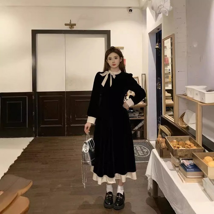 스타일닥터 스커트 여성 벨벳 긴팔 롱원피스 고급 넥타이 디테일 데일리룩 하객룩 블랙 슬림핏