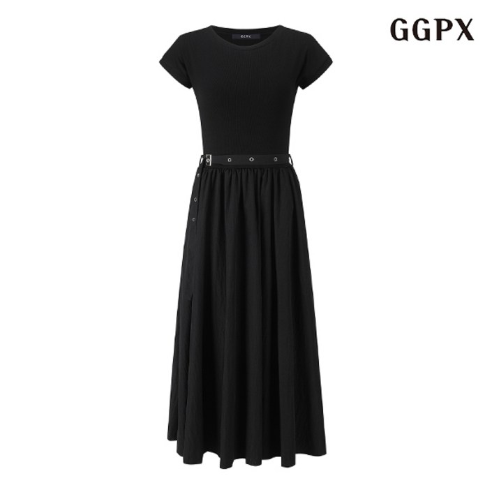 GGPX 라운드넥 배색 벨티드 플레어 롱 원피스 GOBOW001D