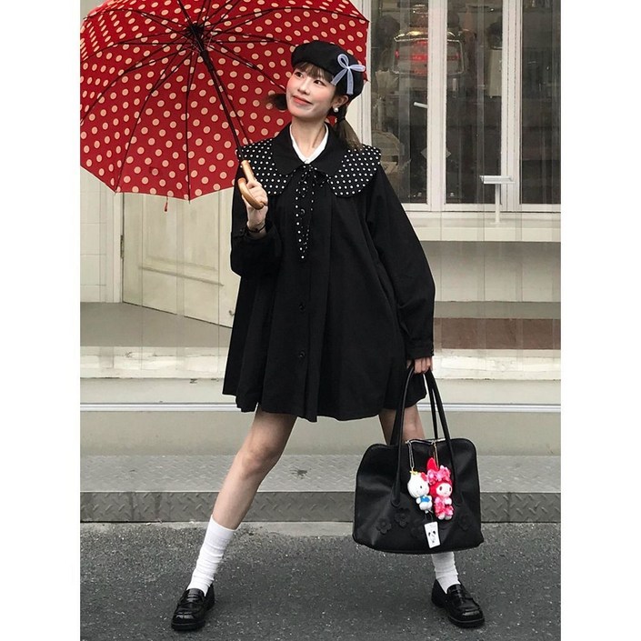 여성 빅카라 트렌치코트 봄 가을 여성 케이프 트렌치코트 도트 패턴 배색 리본 아우터 CBB