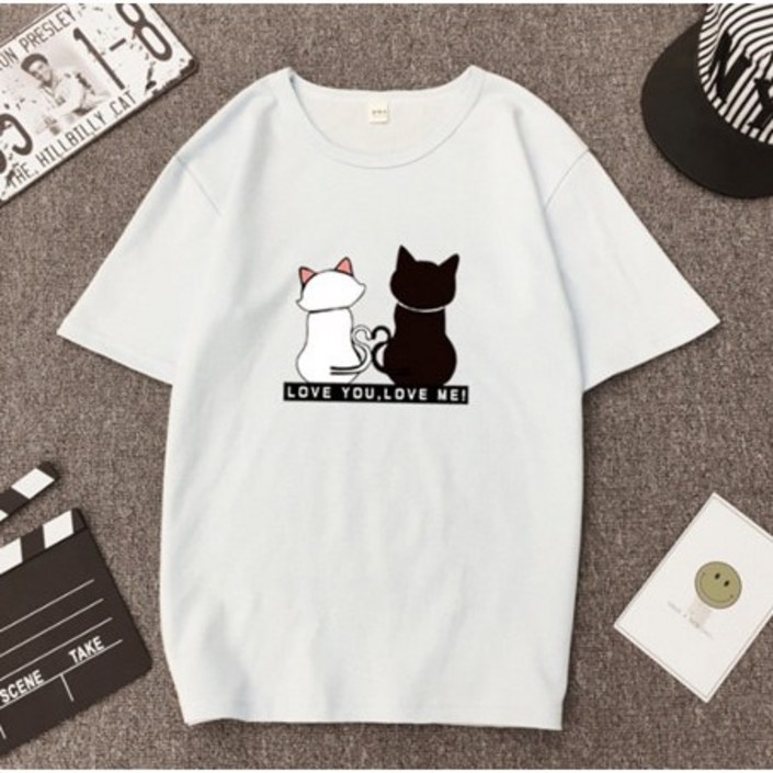 Aria여성 고양이 반팔티 스판 찰랑 귀여운 롱 티셔츠 오버핏 라운드 단체 박스 예쁜 티