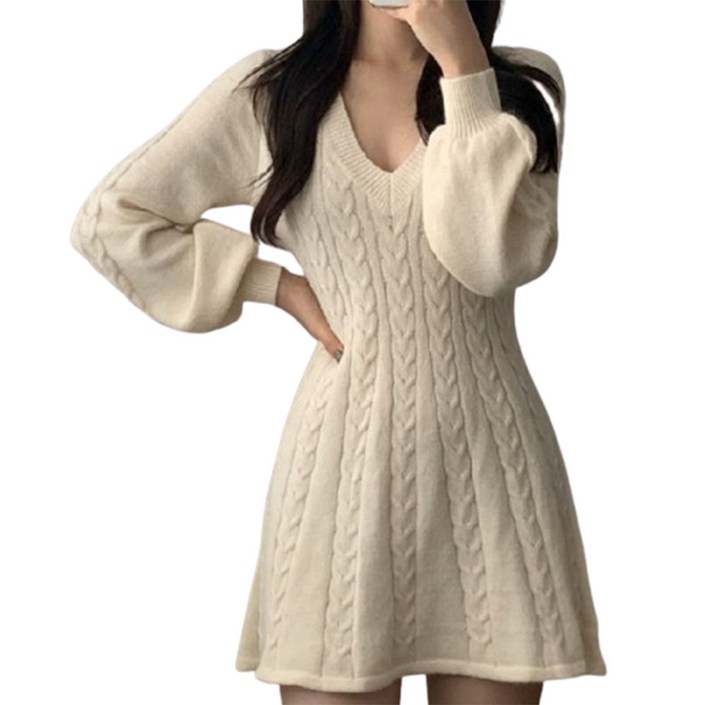 브이넥 꽈배기 니트 숏 에이라인 원피스