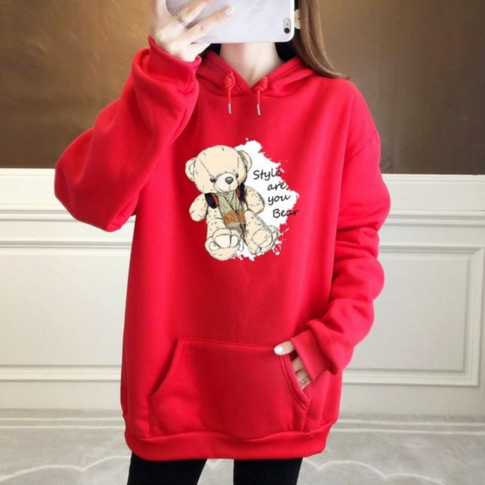 스타일아유 여성 기모 후드 오버핏 긴팔티 곰인형 레터링 티셔츠 루즈핏 맨투맨 후드티 11컬러